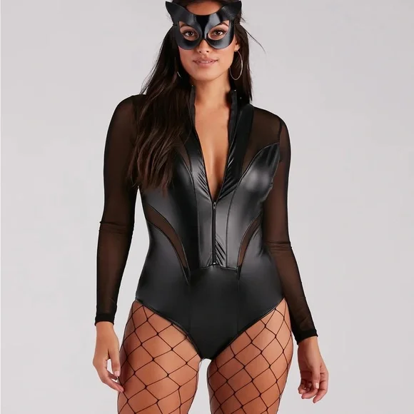 NEW NWT Windsor Black Mesh Sleeve Bodysuit Halloween cop cat motorcycle costume - Picture 5 of 10